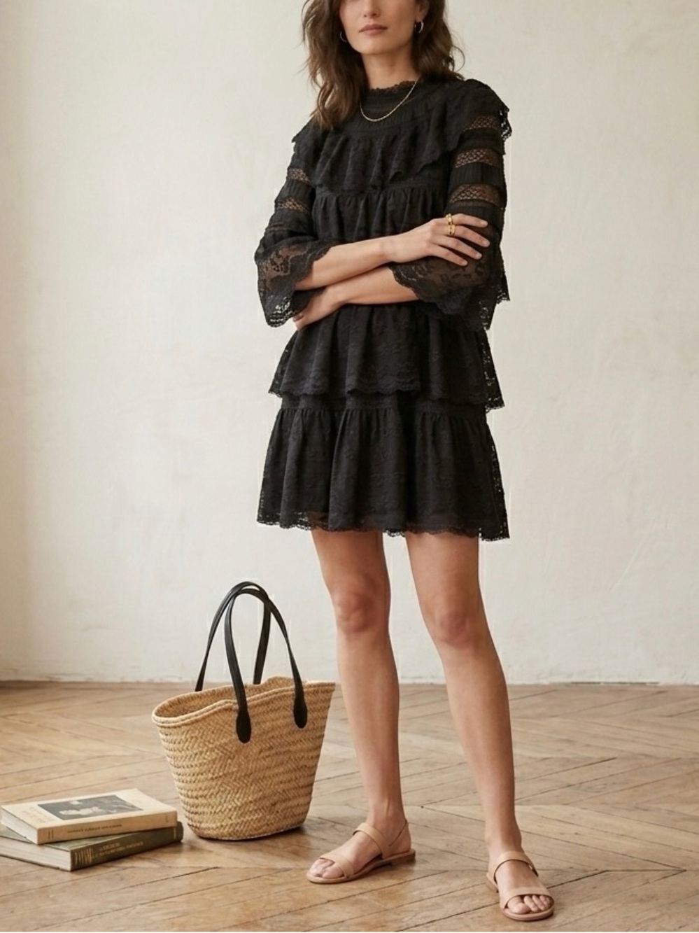 DÔEN Oralie Black Lace 3/4 Sleeve Mini Dress